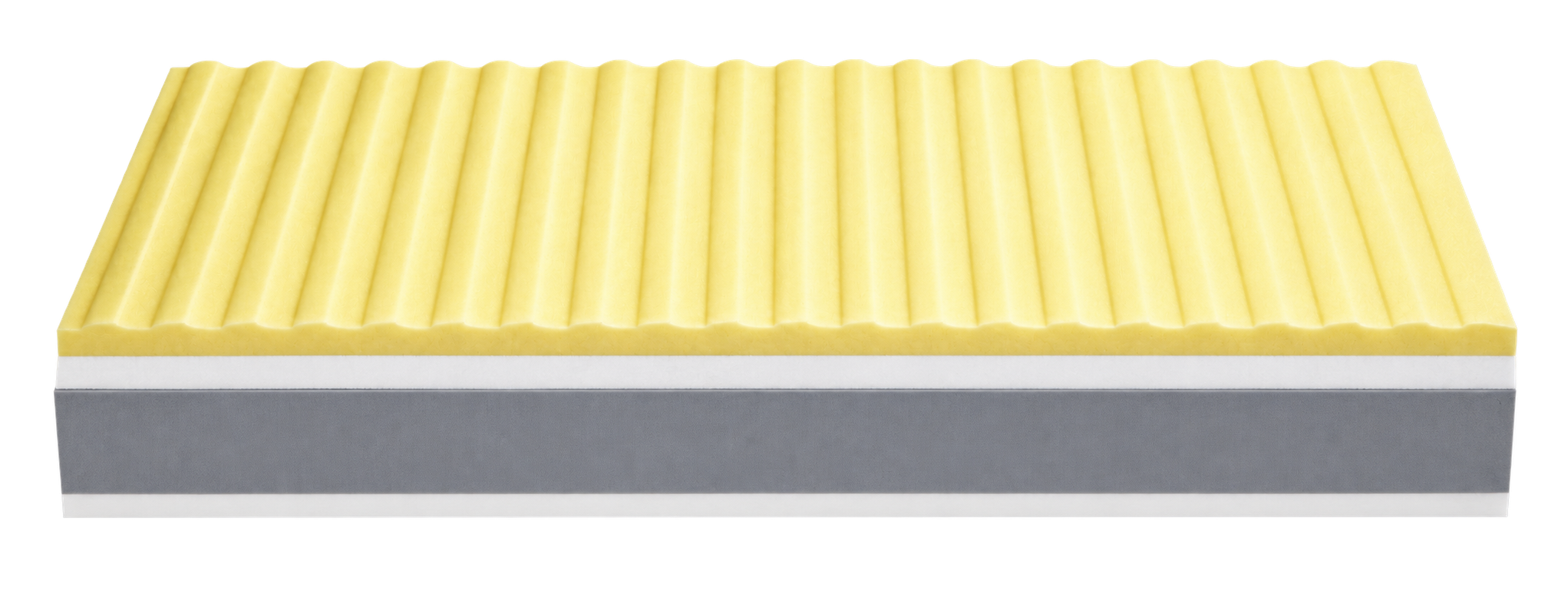 Interno completo di N.01: Memory Foam giallo, strati di Polifoam HR e tamponi perimetrali grigi