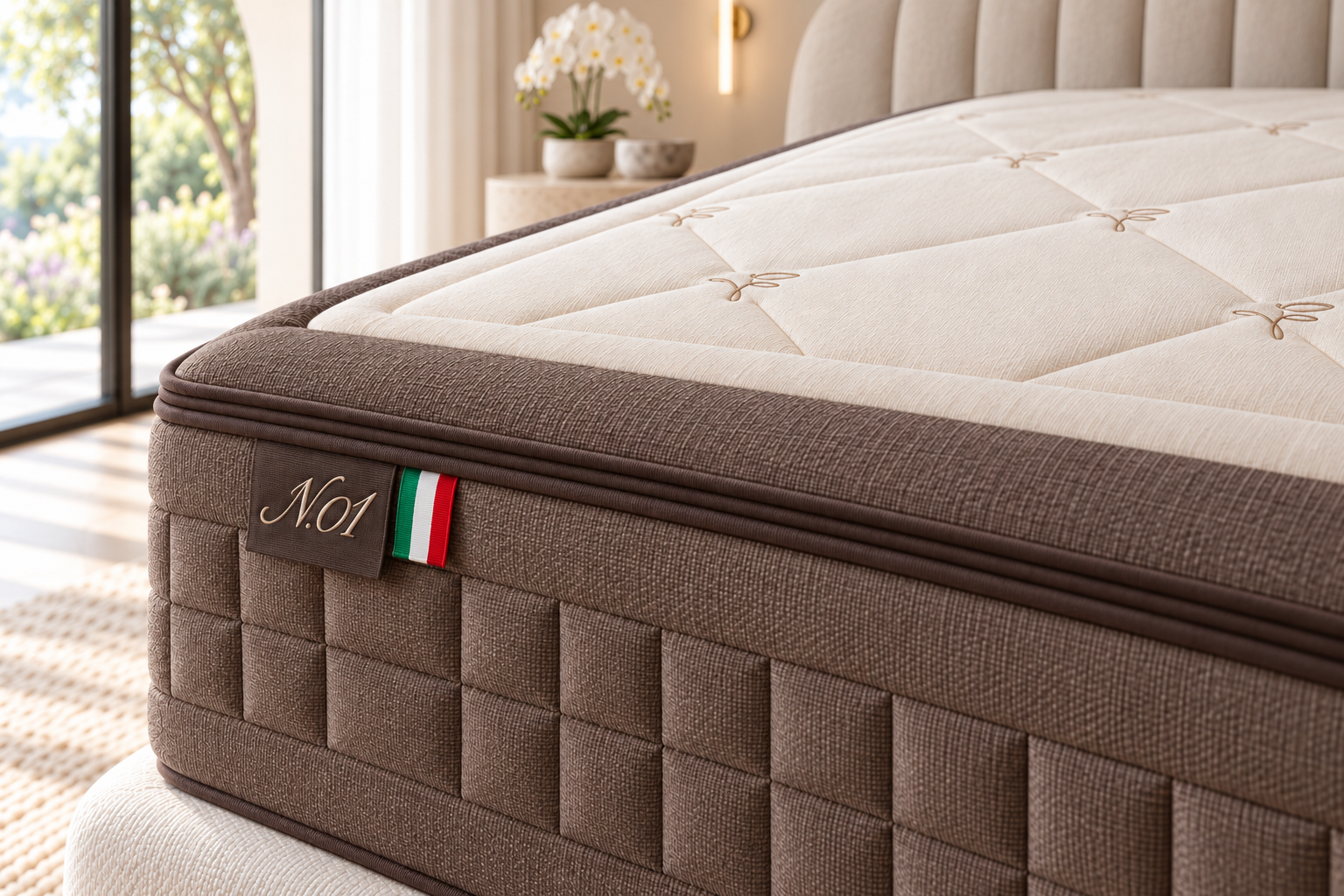 Etichetta N.01 con nastro tricolore sul bordo marrone del materasso